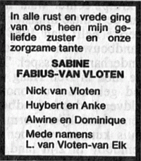 Overlijdensbericht S. (Sabine) Fabius-van Vloten (1988)